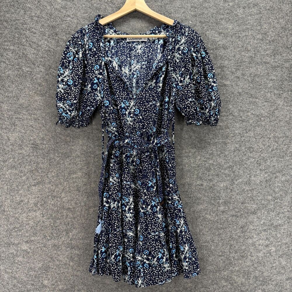 Lusana Dress Women L Large Blue Floral Sheath Midi Tasseled Belted V-Neck Casual